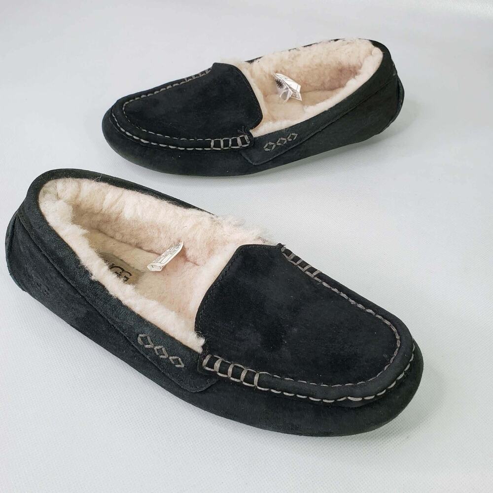 UGG Black Suede Shearling-Lined Moccasin Slippers